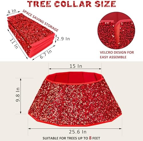 Blissun Christmas Tree Collar, Sequin Christmas Tree Skirt, Foldable Tree Ring, Xmas Tree Stand Base Cover for Christmas Tree Decoration, Round Red
