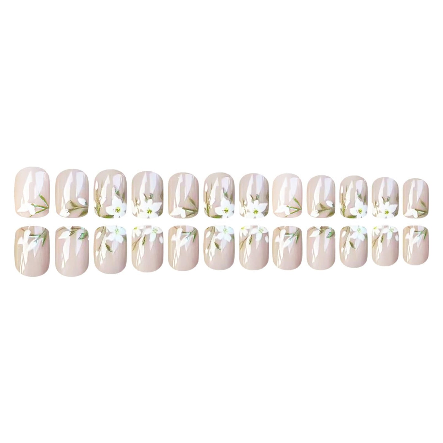 Short Square Press on Nails Nude Pink Base White Floral Green Leaf Patterns Shiny High Gloss Surface Gentle Manicure Artificial Nails Suitable for Elegant Unique Stick on Nails Stylish Charming 24 Pcs