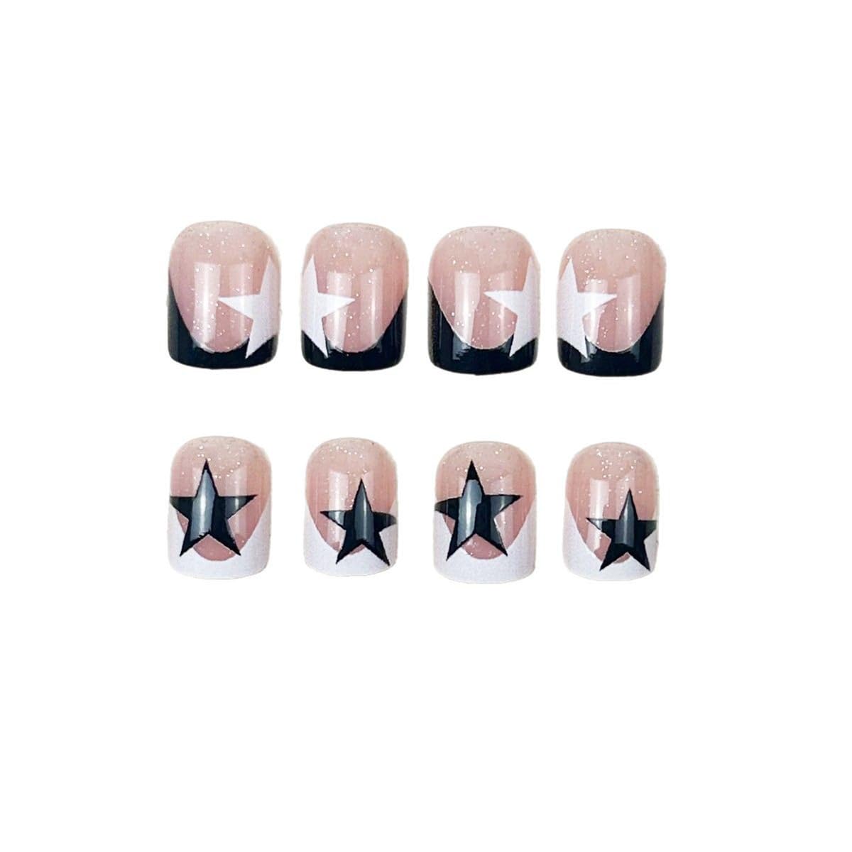 Star Press on Nails French Tip Fake Nails Short Square False Nails Press ons with Design,Reusable Artificial Nails Full Cover Glue on Nails Stick on Nails for Women Manicure 24 Pcs
