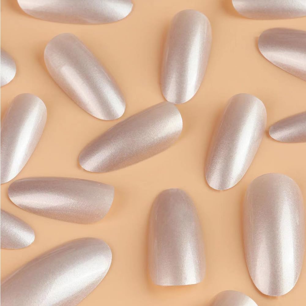 Medium Almond Press On Solid White Glossy False Nail Full Cover Acrylic Stick On Glue On Nails - 24Pcs