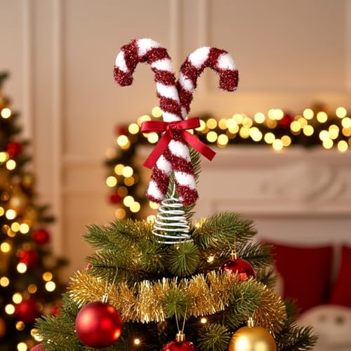 Gejoy Christmas Tree Topper Red Peppermint Candy Cane Bow Tree Topper 10.7 Inch Red and White Sparkling Candy Lollipop Xmas Toppers Christmas Ornament Decorations for Holiday Decor (Cute)