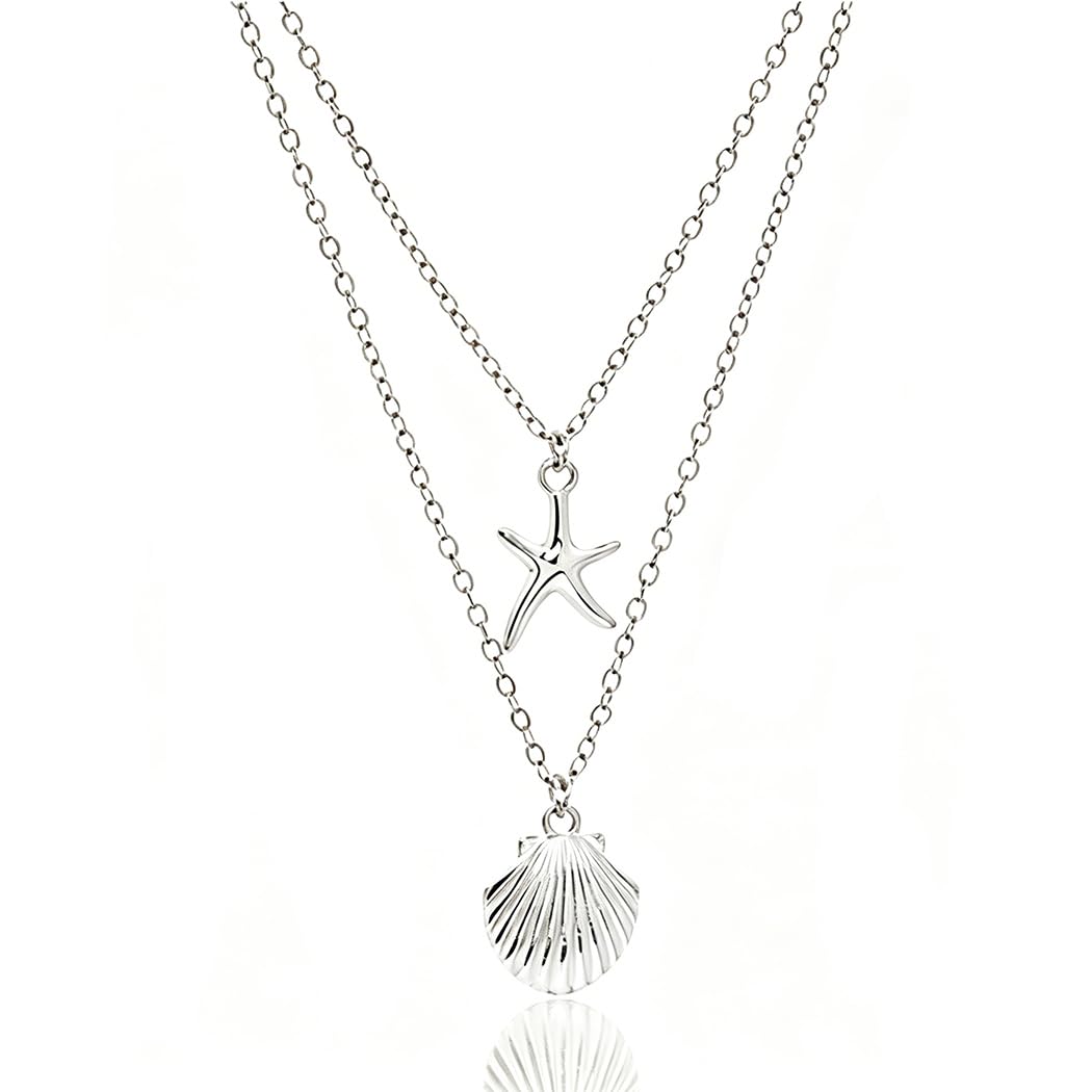 Yalice Starfish Layered Necklace Chain Boho Shell Pendant Necklaces Beach Surfer Costume Jewelry for Women (Silver)