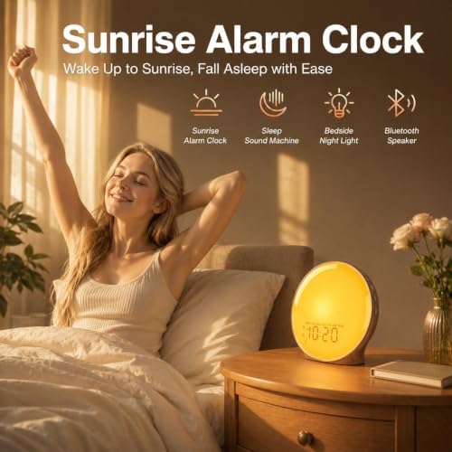 JALL Full-Screen Wake Up Light Sunrise Alarm Clocks for Bedrooms, White Noise Machine for Heavy Sleepers, 25 Natural Sounds, Dual Alarms, FM Radio, 17 Dimmable Colors, Bluetooth Speaker