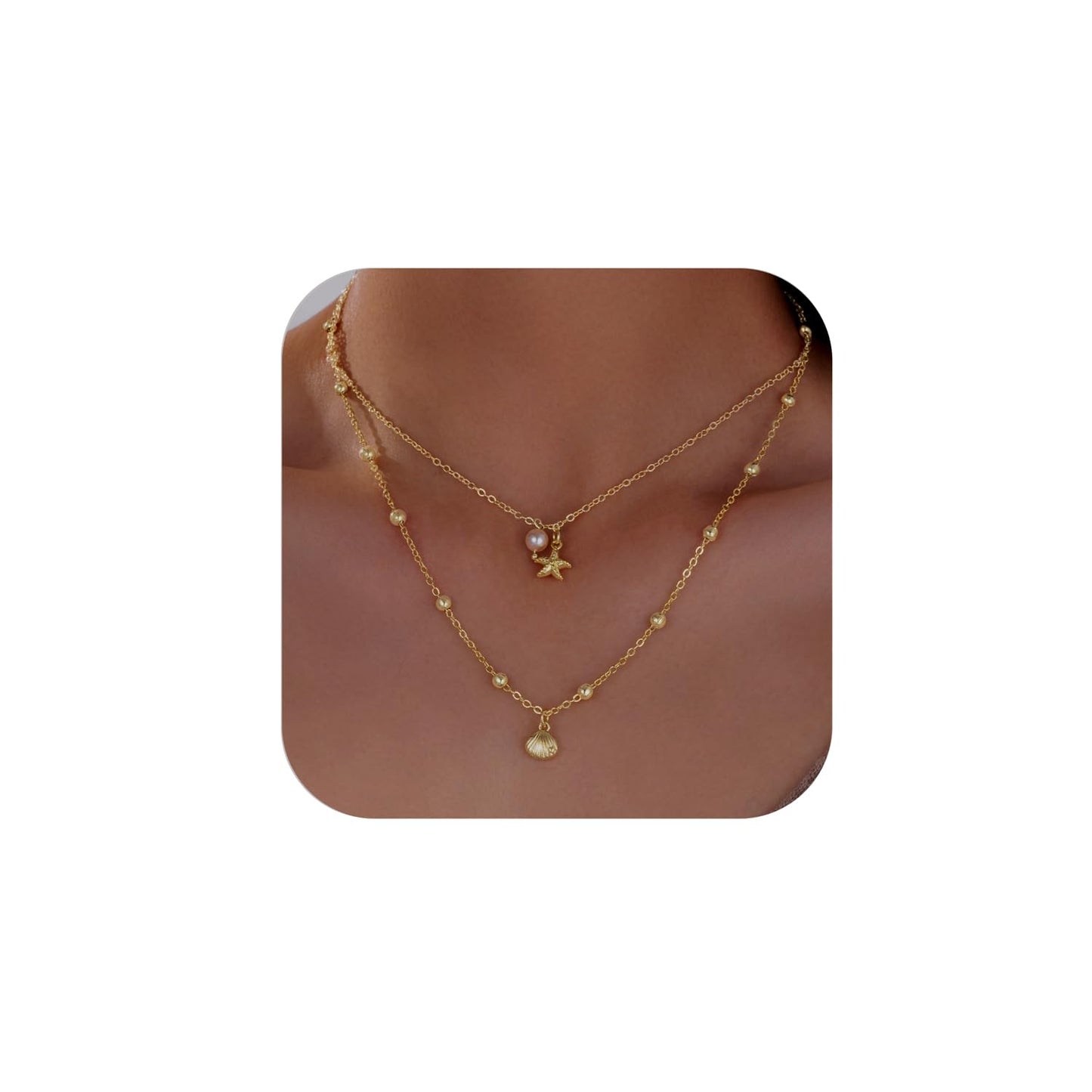 Seashell Starfish Necklace for Women Conch Shell Summer Pearl Beach 14k Gold Layered Dainty Choker (Pearl Layered Necklace)