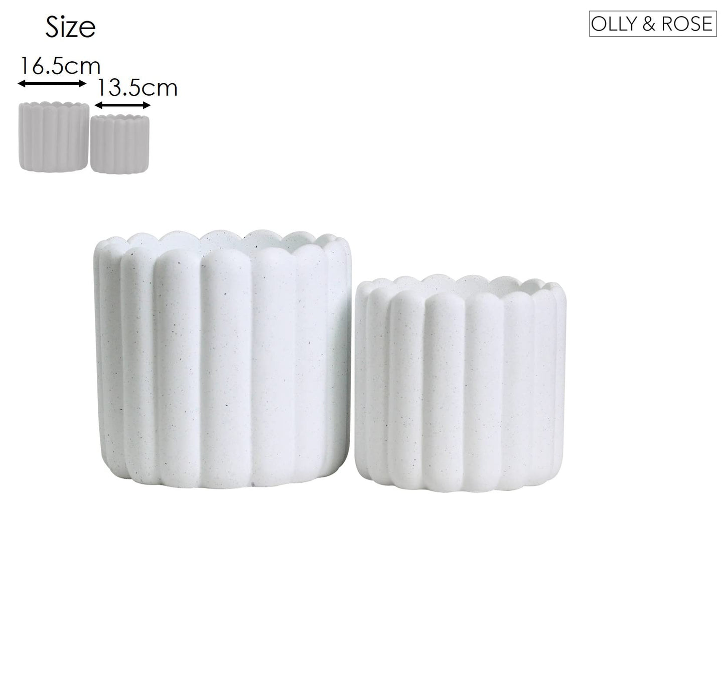 Olly & Rose Vertical Striped Ribbed Plant Pots - Charcoal Speckled White Planters - 6.5" and 5.3" Diameter Flower Pots for Indoors and Outdoors (White Ribbed)