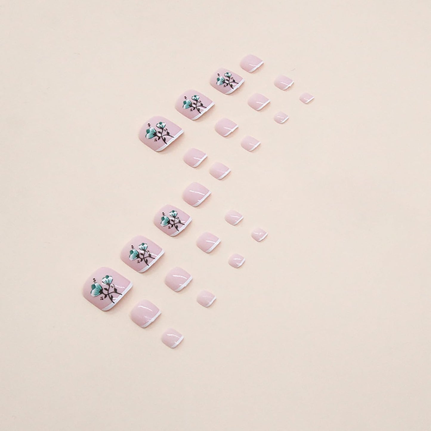 Vezocim Press-on French Toenails with Green Flower Designs, Glossy Acrylic False Nails, 24pcs