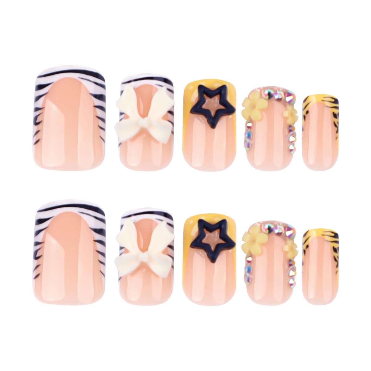 Medium Square Press on Nails, French Tip Fake Nails with Zebra Print & 3D Bow Star Rhinestone Designs Acrylic Nails Press ons Glossy Full Cover Glue on Nail for Women, Summer Manicure, 24Pcs