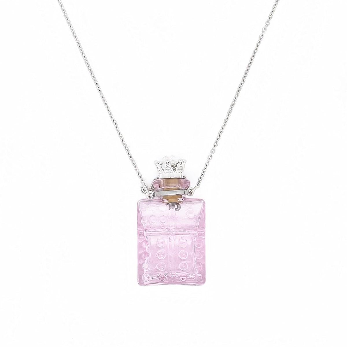 CoolDIY Handcrafted Glaze Glass Square Refillable Essential Oil Necklace Pendant - Aromatherapy Perfume Diffuser Pendant with Stainless Steel Chain (Pink)