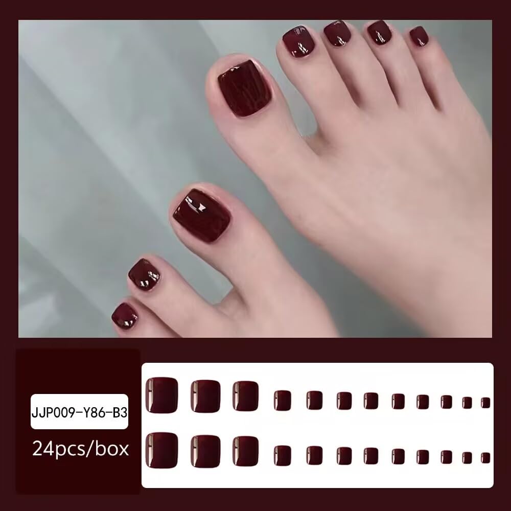 Red Press on Toenails Short Square Fake Toenails with Solid Color Designs False Toe Nails Dark Red Reusable Glue on Toe Nail Glossy Full Cover Artificial Acrylic Toe Nail for Women Girl Manicure 24pcs
