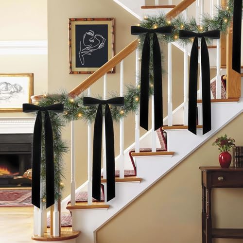 Velvet Bows for Christmas Tree Pack of 4 Large Rustic Crafts Gift Wreath Bow Ornaments for Xmas Topper Staircase Home Wedding Outdoor Interior Decor, 2" Width, 23 x 8.7 Inch (4, Black)