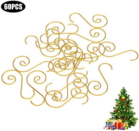 Mini Metal S Hooks, 60pcs Christmas Tree Hooks with 4 Colors Red Green Gold Silver, S Shape Ornament for Home Office Decor, Tree Decorations and Craft Organization (Gold)