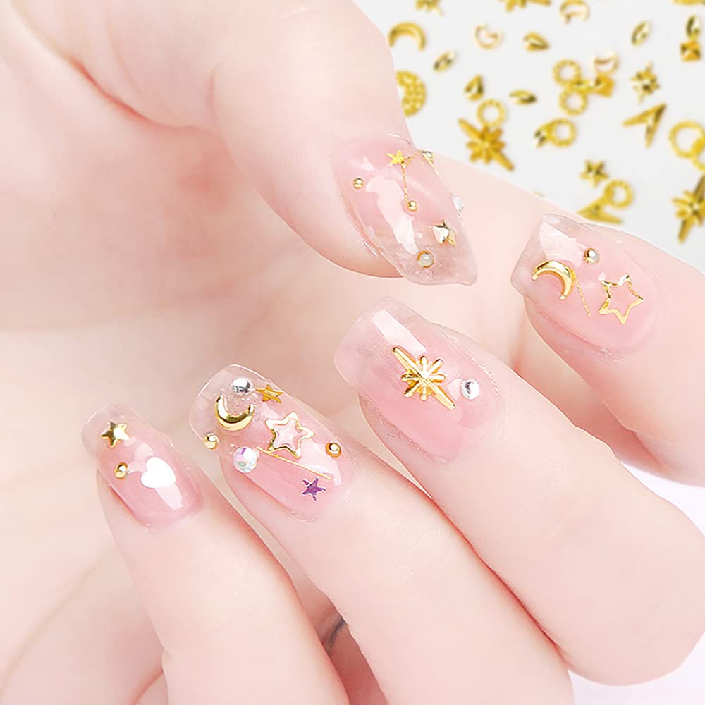 DZHILHMX 3D Nail Charms - Gold Star, Moon, Multiple Shape Gem, 3 Boxes, Metal Nail Decoration Studs, for Nail Art