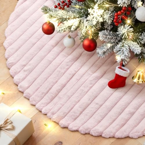 Lanpn Christmas Tree Skirt 16 inch, Faux Fur Xmas Tree Skirt Plush Winter Christmas Tree Mat for Small Mini Pencil Slim Artificial Trees Winter Home Party Indoor Xmas Decor (Pink, 40cm)