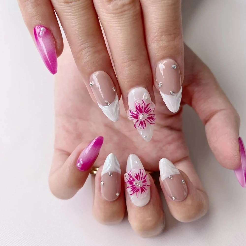 Small Press On Nails - Handmade 3D False Nails Pink Medium Almond 10 Pcs Reusable ABS Material Finger Painting Nail Tip French Salon Design-S size