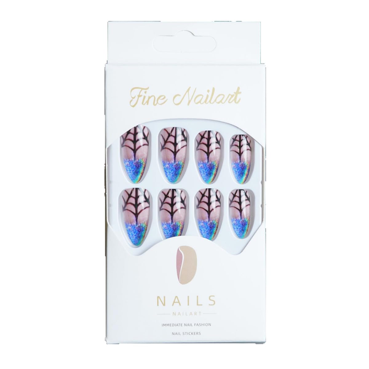Halloween Press on Nails Medium Almond NEWSPIED Blue Laser Glitter French Tip Fake Nails with Spider Web Designs Reusable Halloween Glue on Nails Glossy Artificial Nails Sets for Women and Gilrs 24Pcs