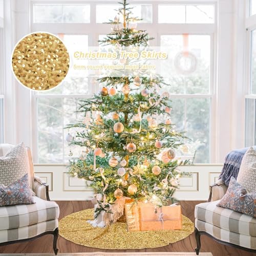 36 Inches Gold Tree Skirt Small Christmas Tree Skirts Glitter Sequins Velvet Tree Skirt for 4ft Xmas Trees Decorations