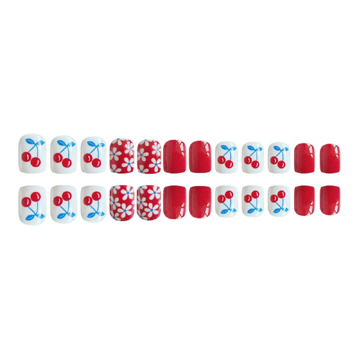 Red Press On Nails Short Square Fake Nails Flower With Cherry Design Spring False Nails Glossy Full Cover Acrylic Glue On Nail Artificial Stick On Nail For Women 24pcs