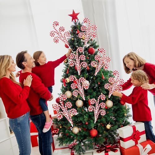 Sggvecsy 12 Pcs Christmas Tree Decoration Woolen Bells Candy Cane Shaped Picks Lollipop Curly Pick Ornaments Xmas Tree Topper for Party Vase Filler Home Office Decor (Red)
