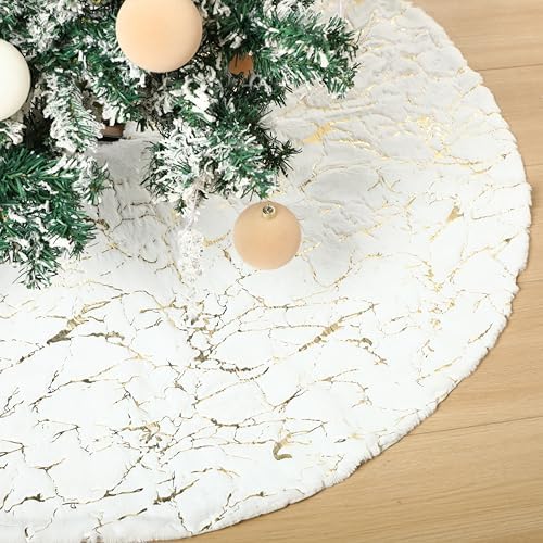 Arrowbash 48 Inch Christmas Tree Skirt Decor, Gold Marble Pattern, White