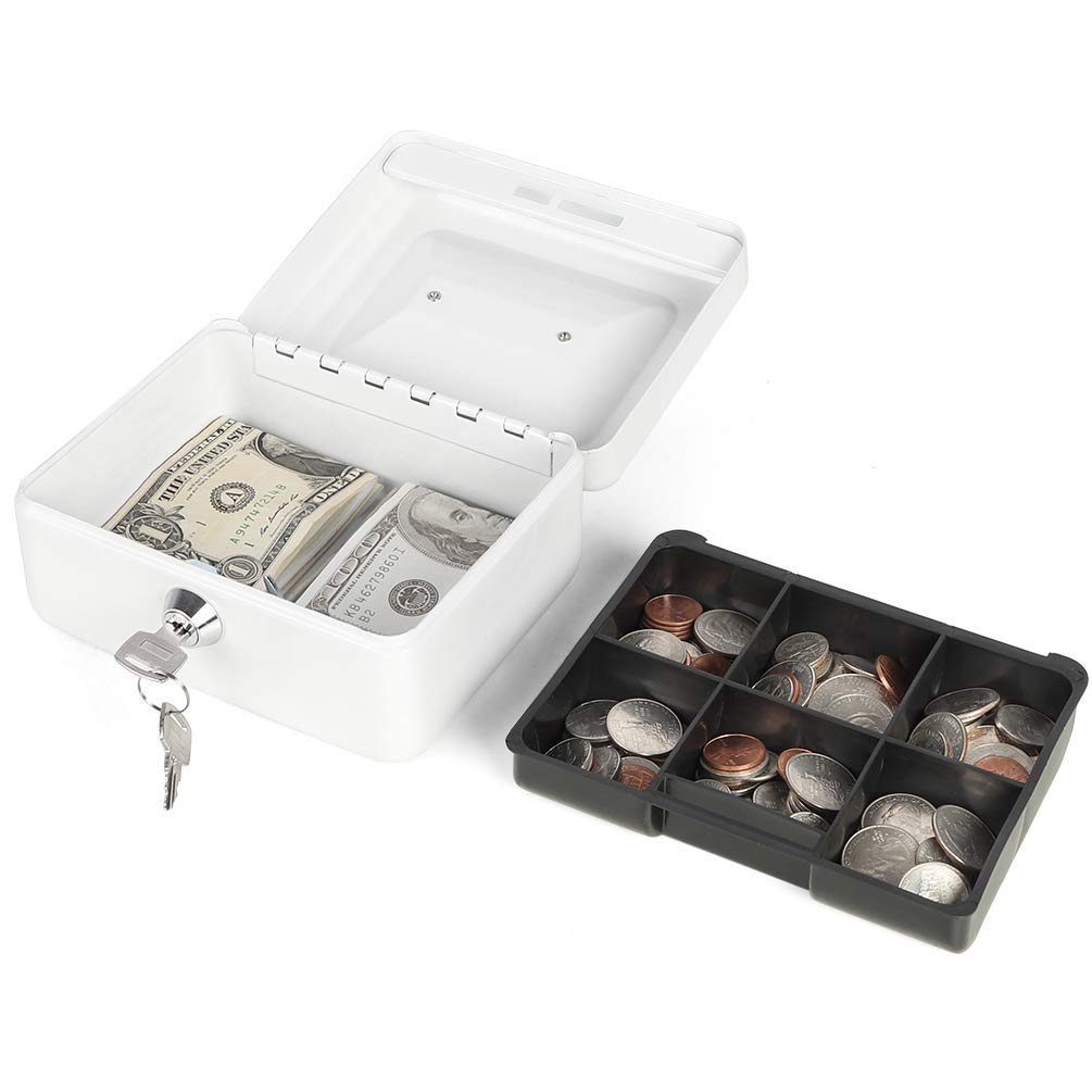 Decaller Small Cash Box with Key Lock, Double Layer Metal Money Box for Home Security, Portable Locking Box, 5.9" x 4.7" x 3.2", White