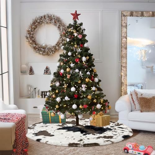 Cow Print Christmas Tree Skirt, 30 inches Western Cowhide Faux Fur Christmas Tree Skirt for Xmas New Year Home Party Decorations