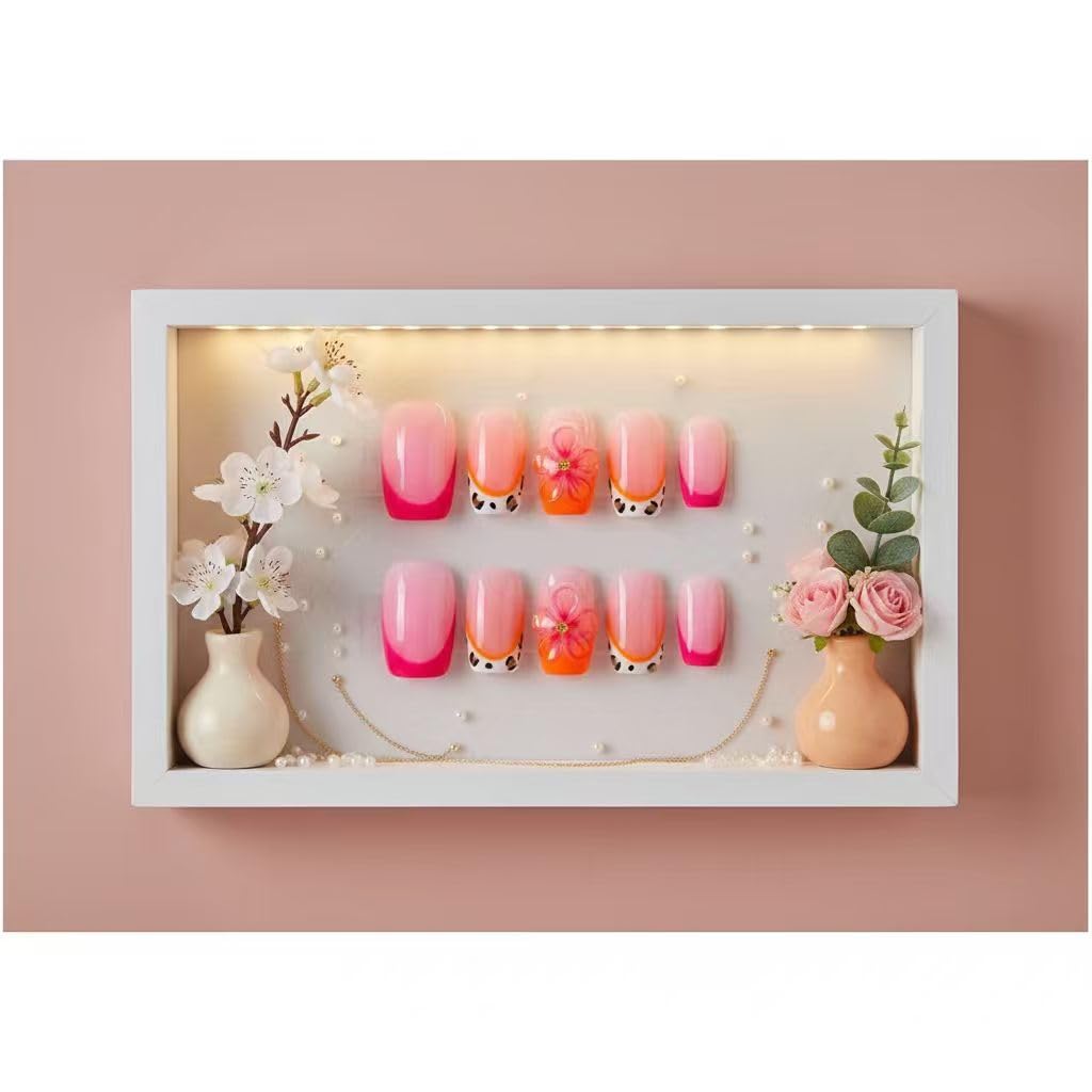 MikaJayboo Medium Handmade Press on Nails Square Pink Gradient Fake Nails with 3D Flower Leopard Print Reusable Acrylic False Nails for Women Glue on Nails for Summer Daily Party10Pcs(Size M)
