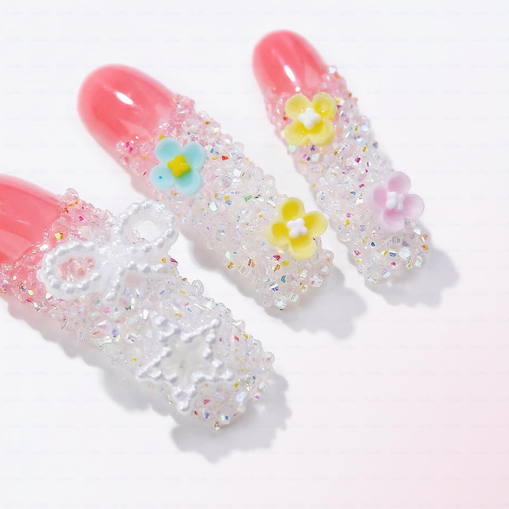 IntoVibes 3D Sugar Crystal Flower Press On Nails,Handmade Curved Down Groove Design, Pink Long Nails with Frosted Crystal Beads Cute Pastel Flowers, Reusable Fake Nails, Square Acrylic Nails(L)