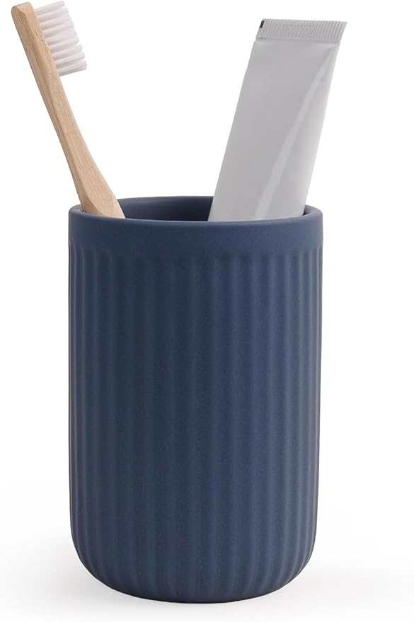 INGOFIN Ceramic Toothbrush Holder, 12 oz Toothpaste Holder Bathroom Cup, Tooth Brush Holder for Vanity Countertop, Organizer Storage for Cosmetic, Makeup, Office Pencils, Matte Blue