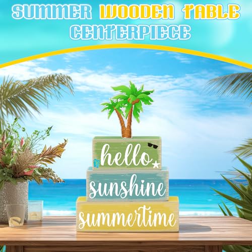 GlikCeil 4 Pcs Summer Wooden Tabletop Decor Hello Summer Tiered Tray Decor Sunshine Centerpiece Rustic Summertime Decorative Block Sign Gift Farmhouse Rustic Table Decoration for Home Kitchen Decors - style: Coconut Tree