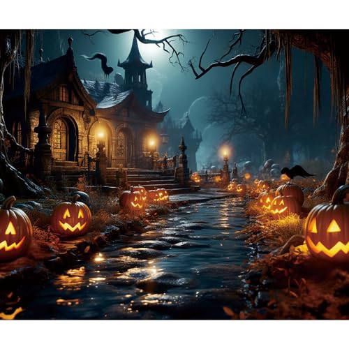 10x8ft Halloween Scary Pumpkins Backdrop for Photography Hunted House Creepy Night Backdrops All Saint's Day Photo Background Halloween Banner Decorations Photo Props - color: Black 06713