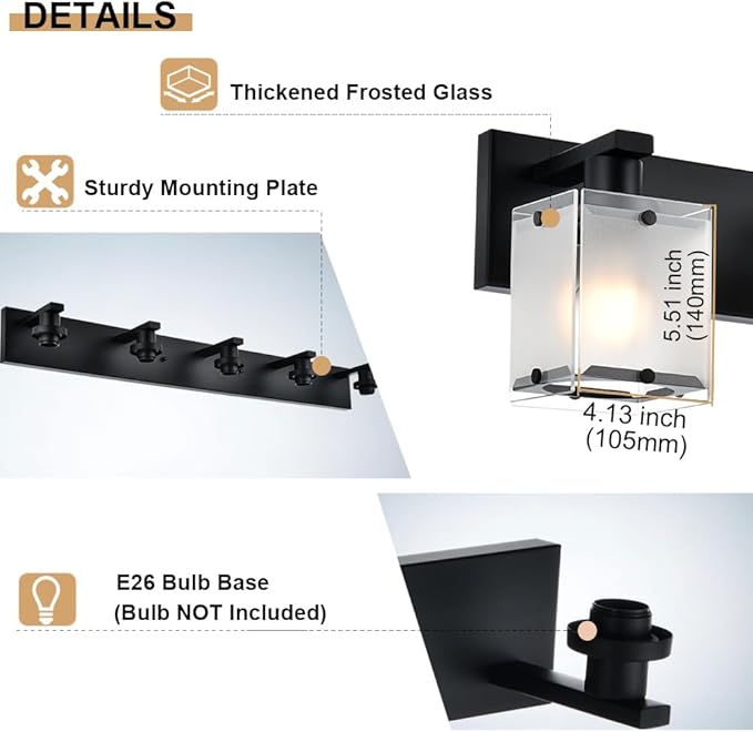 WINSHEN Black Wall Sconce Lighting, 2-Light Bathroom Vanity Light Fixture Wall Mount Lamp Over Mirror for Bedroom Bedside Studty Living Room, Rectangular Frosted Glass Shade