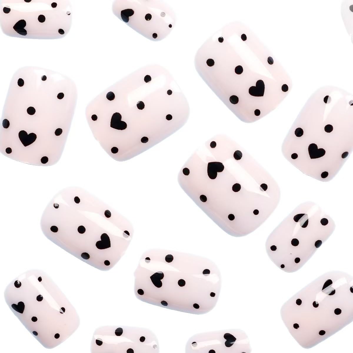 Square Press on Nails Short Fake Nails with Black Heart Spot Design Full Cover Glossy Stick on False Nails for Women 24 Pcs