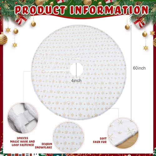 Libima 84 Inches Large Christmas Tree Skirt Faux Fur Xmas Tree Skirt White Plush Velvet with Gold Sequins Snowflakes for Xmas Decorations Merry Christmas Party Winter Home Holiday Ornaments