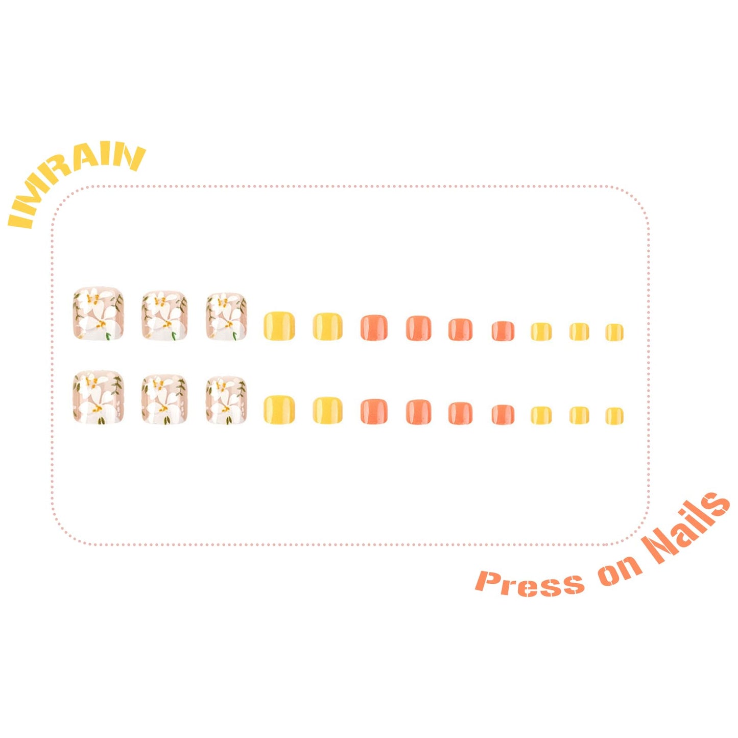 IMRAIN Flower Press on Toe Nails Short Square Fake Toenails with Flower Designs Orange Yellow Full Cover Acrylic False Toenails Summer Glue Stick on Toe Nails for Women 24Pcs