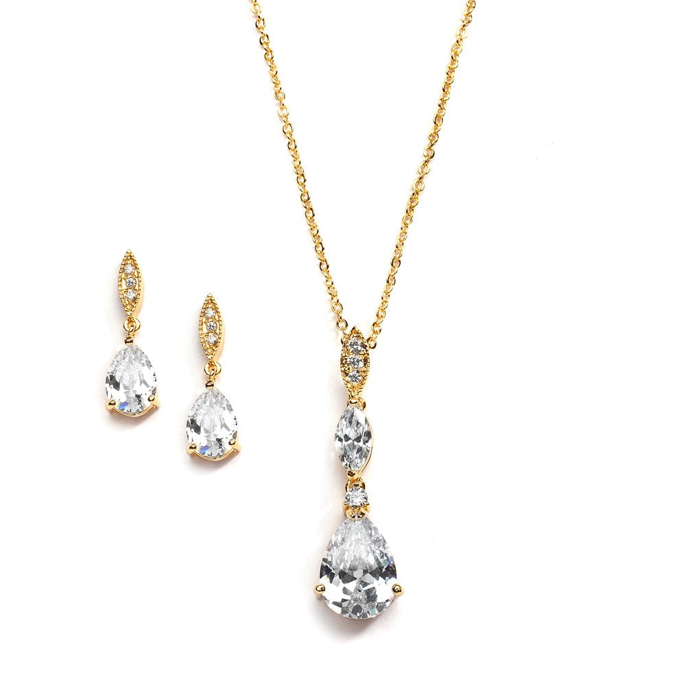 Mariell Bridal Wedding Necklace Earrings Set, 14K Gold Plating, CZ Crystal Pendant and Drop Earring for Brides, Bridesmaids