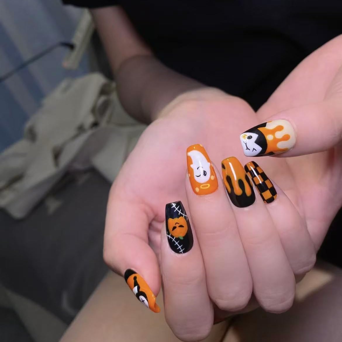 10pcs Halloween Press on Nails Handmade Press on Nails Ghost Pumpkin Bat Design Nails Halloween Full Cover Cute Stick on Nail for Woman Tool Kit Nail (MT-157-M)
