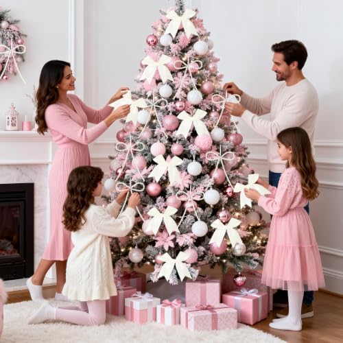 18 Pcs Bow Ornaments for Christmas Tree,Include 6 White Pearl Bows 12 Beige Satin Ribbon Bows,Bow Ornaments Christmas Tree Toppers for Home Wreath Fireplace Xmas Gift Packaging Wedding Party Decor