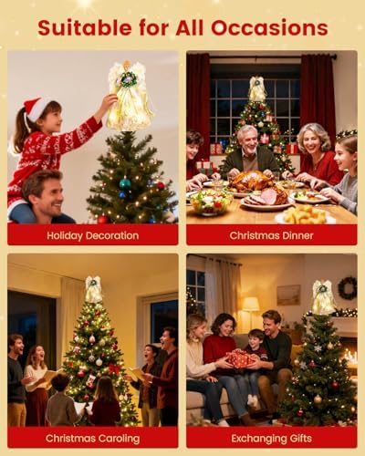 Angel Tree Topper with Lights | 12 Inch Christmas Angel Tree Topper with Feather Wings | Battery Powered Christmas Tree Toppers Lighted for Vintage Decor | Xmas Tree Topper Ornament, White