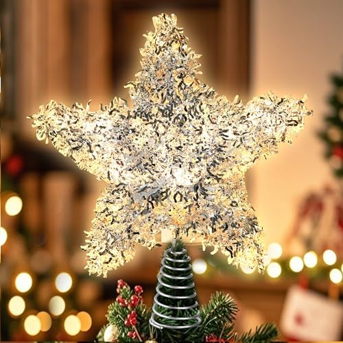 Christmas Tree Topper Star Silver Tinsel Star Tree Topper 10 Inch Lighted Tree Topper Battery Operated Christmas Tree Decoration for Holiday Indoor Decoration Warm White Light
