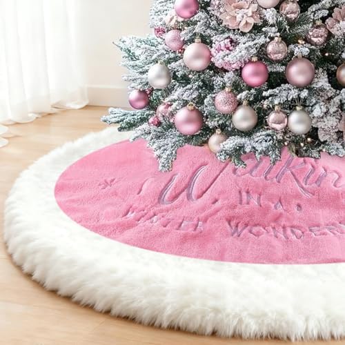 yuboo Pink Christmas Tree Skirt 48 inches, Large Faux Fur Fluffy - Furry Tree Rug Skirt with White Snowflakes Pink Christmas Decor Onaments for 7FT Christmas Tree