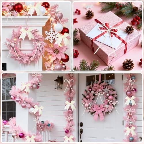 18 Pcs Bow Ornaments for Christmas Tree,Include 6 White Pearl Bows 12 Beige Satin Ribbon Bows,Bow Ornaments Christmas Tree Toppers for Home Wreath Fireplace Xmas Gift Packaging Wedding Party Decor