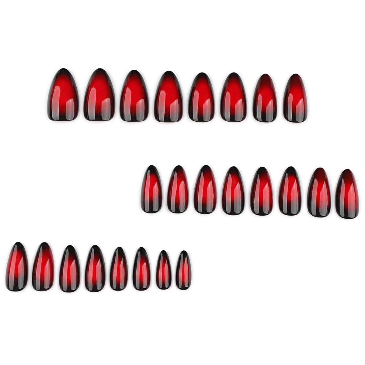 Red Black Ombre Press on Nails Medium Almond Fake Nails Sassy False Nails Full Cover Glossy Acrylic Nails for Women 24PCS