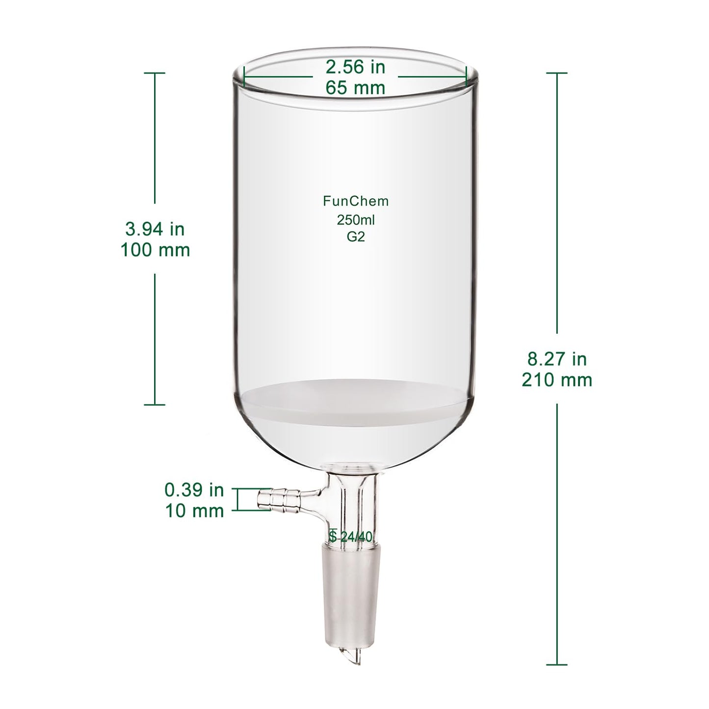 FunChem Buchner Filtering Funnel with Medium Frit (G2), I.D. 76 mm, 80 mm Depth, with 24/40 Standard Taper Inner Joint and Vacuum Serrated Tubulation, 250 mL
