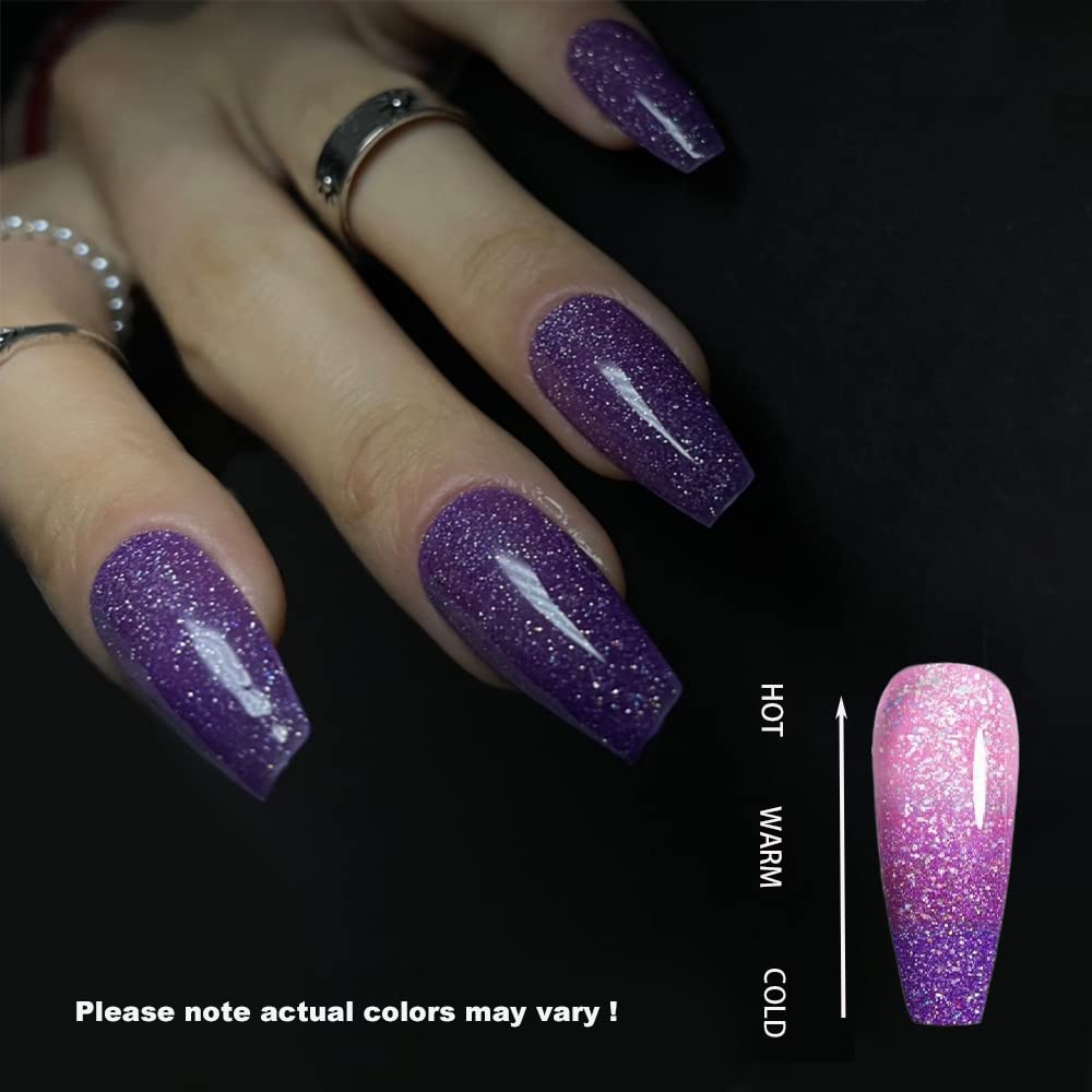 Redykat Handmade 24PCS Glossy Coffin Press On Nails, Salon Quality Nail art, Extra Long Acrylic Fake Nails, False Nails, Home Quick Manicure……… (thermochromic purple)