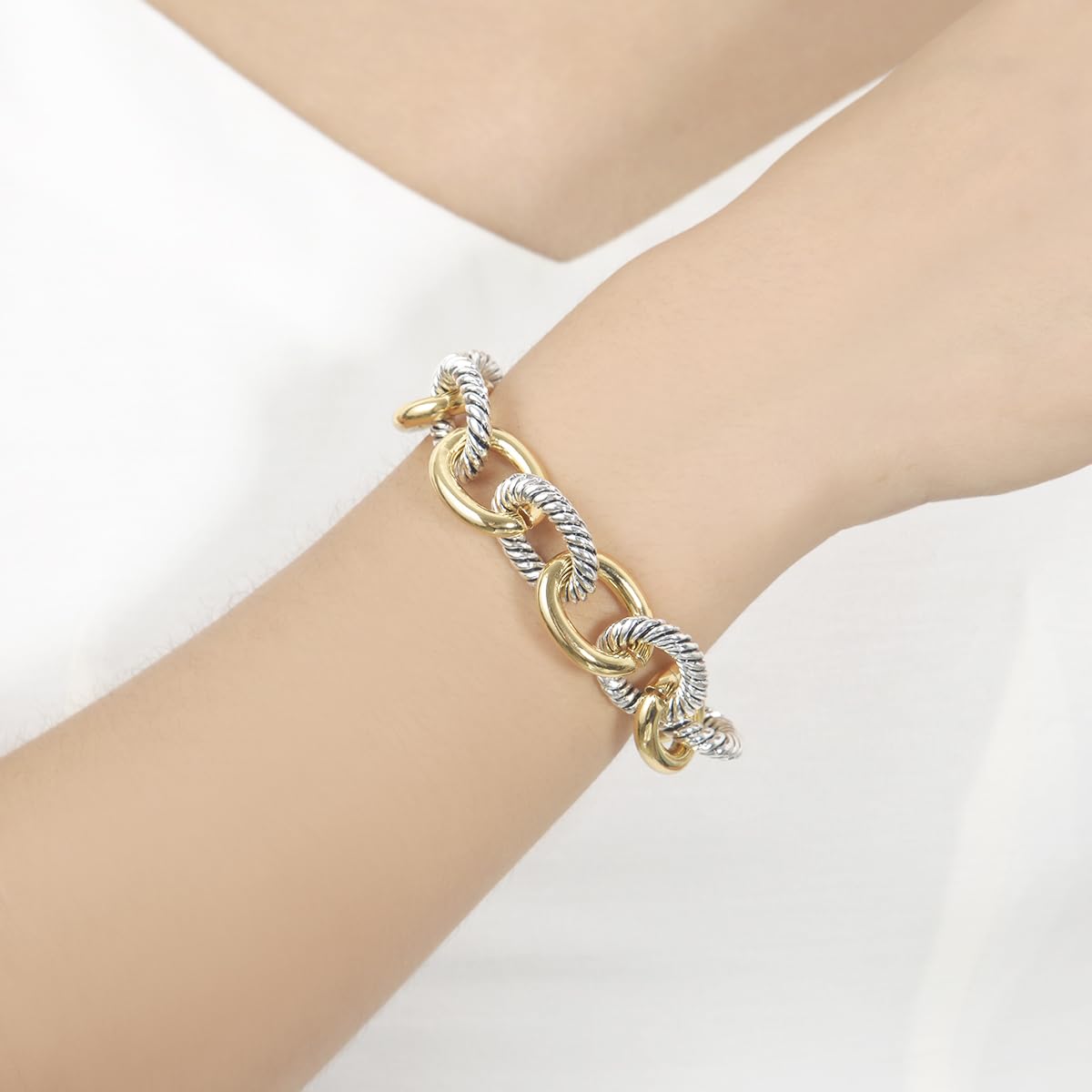 UNY JEWEL Bold Statement Cable Link Bracelet Oversized Round Two Tone Twisted Wire Chain Designer Inspired Fashion Jewelry for Women (Bold Statement Two Tone)