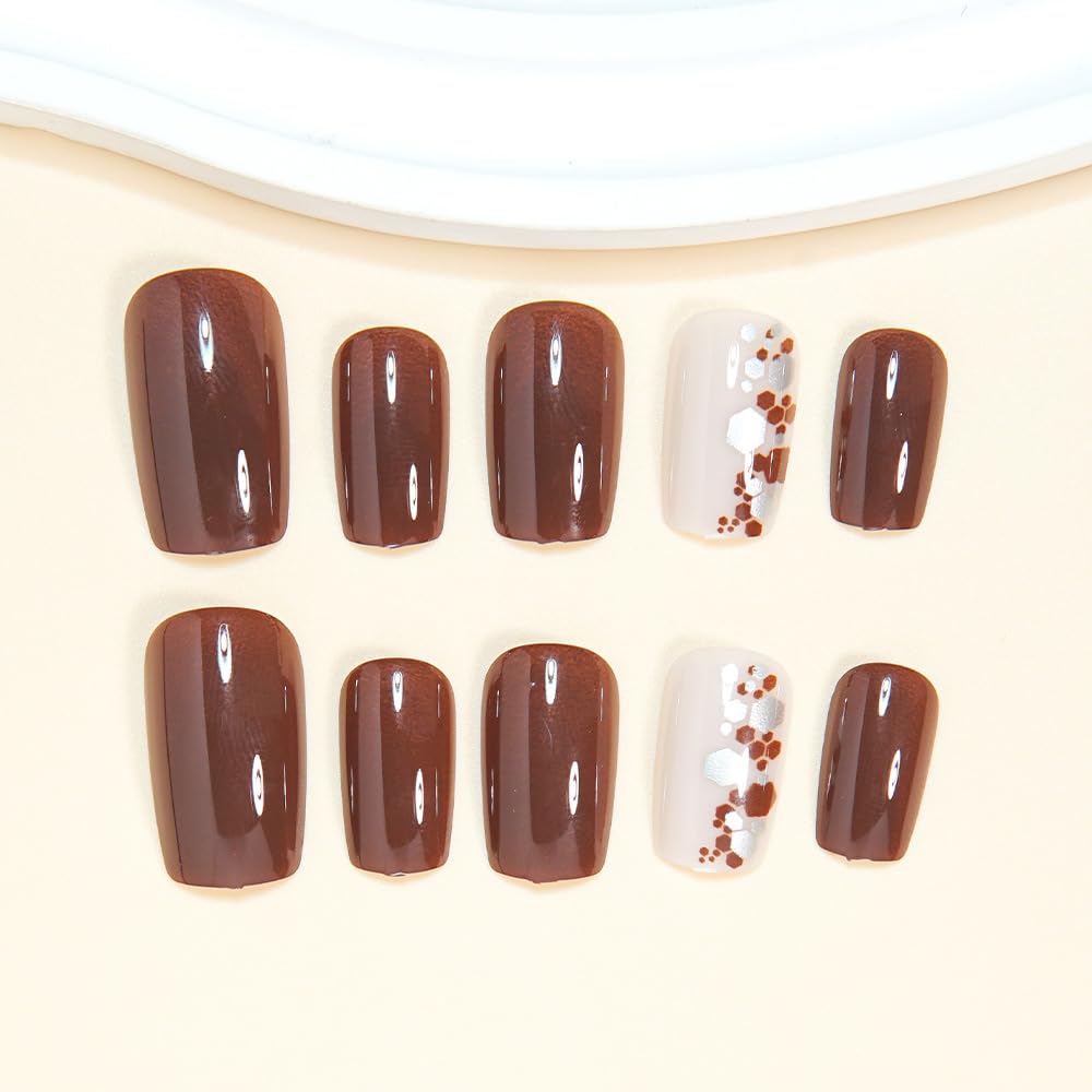 Square Press on Nails Short Fake Nails Brown Acrylic Full Cover Glossy Stick on False Nail for Women 24PCS