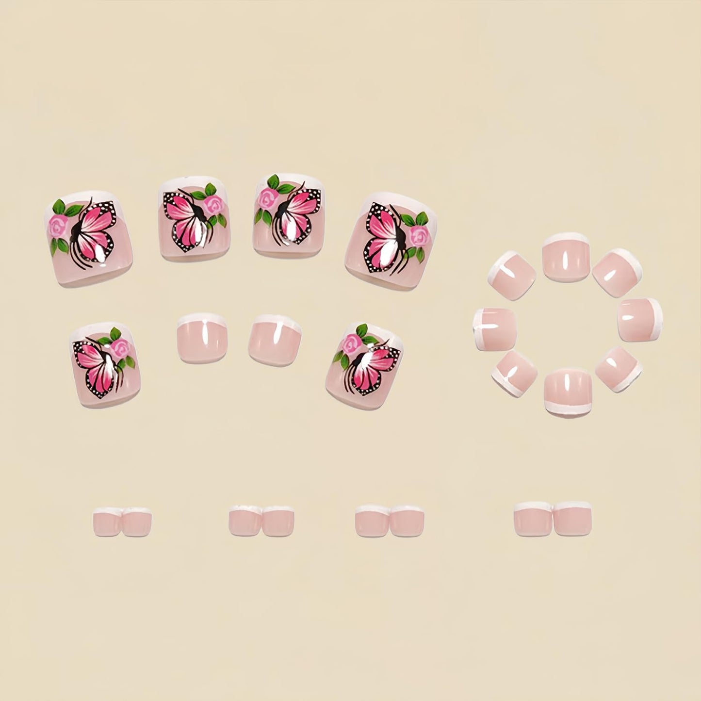 Flower Butterfly Press on Toenails Summer False Toenails White French Tip Toe Nails Reusable Full Cover Toe Nails for Women