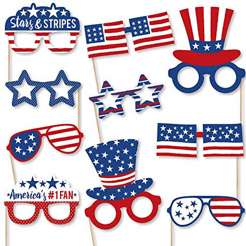 Big Dot of Happiness Stars and Stripes Glasses - Paper Card Stock Patriotic Party Photo Booth Props Kit - 10 Count