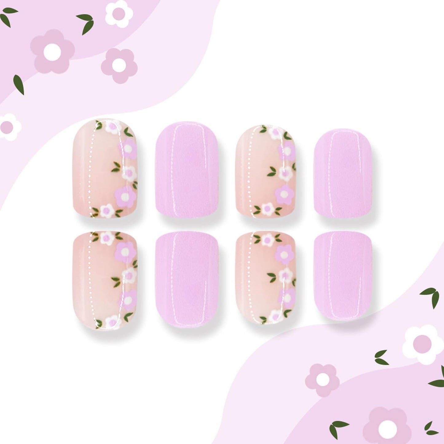 Square Press On Nails Short Fake Nails With Flower Design Full Cover Acrylic Artificial Glossy Purple Glue On Nail Nude False Nails Cute Spring Summer Stick On Nail Reusable For Women 24pcs