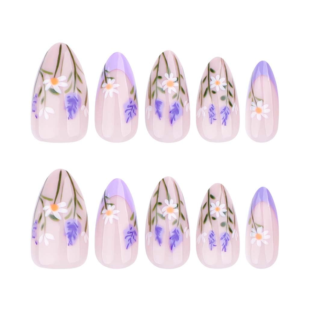 Foccna Press on Nails Acrylic Almond Medium Purple Fake Nails Flower Design Glossy False Nail Tips Artificial Nails Finger Manicure for Women and Girls 24pcs